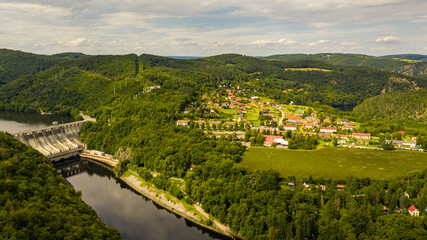Slapy Reservoir is dam on the Vltava river in the Czech Republic, near to village Slapy. It has a hydroeletrics power station included. Aerial view.