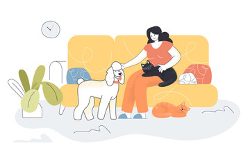 Happy cartoon woman sitting on couch with pets. Flat vector illustration. Girl petting cat and dog, relaxing on yellow cozy sofa. Animal, home, love, friendship concept for banner design, landing page