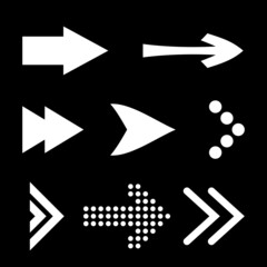 Icon Set of Flat Arrows. Isolated White Arrow Icon Collection for Back and Next User Interface Icons. Different Concept for Previous or Forward Minimal Web Buttons on Black Background