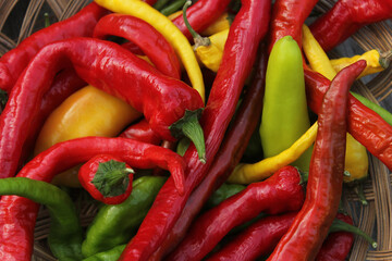 Colorful Basket of Peppers at a Farmers Market Close up