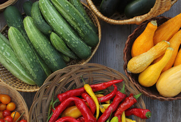 Organic Summer Vegetable Harvest on Table Outdoors at Farmers Market
