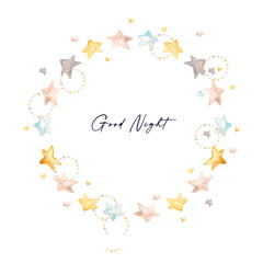 Watercolor frame with stars. Round starry template for text, invitations, photos, etc.