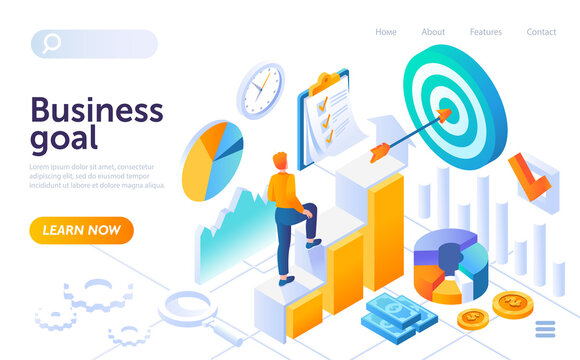 Young businessman is climbing up towards business goal. Concept of ascending career ladder and business goal achieving. Website, web page, landing page template. Isometric cartoon vector illustration