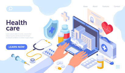 Doctors hands typing on laptop surrounded by hospital elements. Concept of modern online healthcare medical services. Website, web page, landing page template. Isometric cartoon vector illustration.