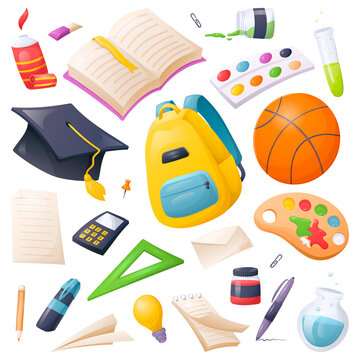Vector cartoon collection of stationery and school or office supplies. Subjects for study, drawing and writing.