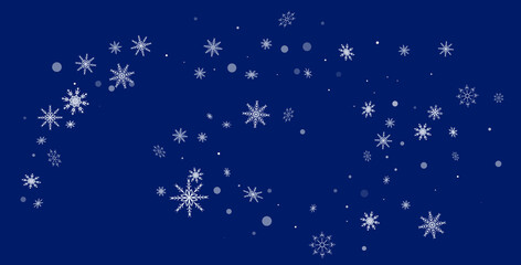 White delicate openwork snowflakes are scattered on a blue background. Festive background, postcard design, wallpaper