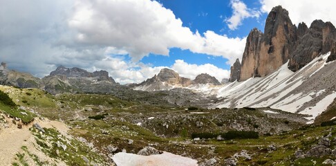 beautiful view of the Tre Cime di Lavaredo. large panorama picture of the dolomites in italy. Blue Sky. Wanderlust