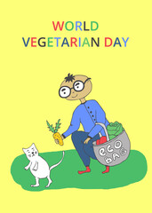 Color  hand drawn digital jpg print for the holiday World Vegetarian Day.  Children. Carrot. Vegetables. Funny design template for poster, card, 
souvenirs
