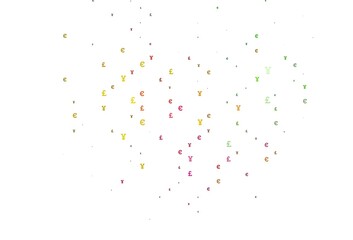 Light Multicolor, Rainbow vector background with Euro, Yen, Pound.