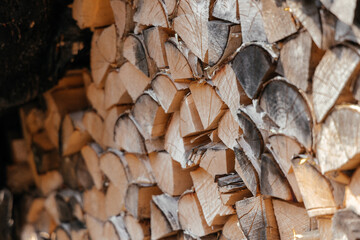 Pile of firewood toned texture background. Preparation of firewood for the winter for cooking, kindling of a fireplace. Stacks of firewood in the forest in the yard in warm morning evening sun light.