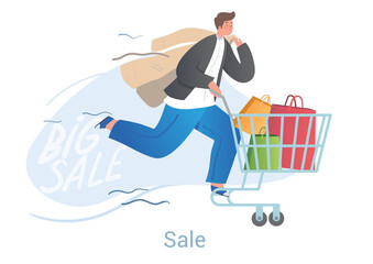 Cheerful male character is rushing on shopping cart with bags on white background. Concept of people shopping during big sale in clothing stores offline. Flat cartoon vector illustration