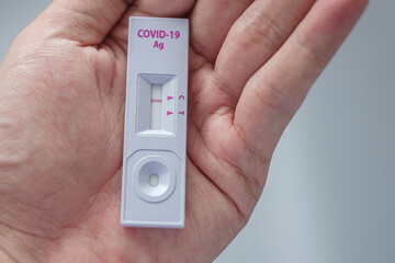 man holding Rapid Antigen Test kit with Negative result during swab COVID-19 testing. Coronavirus Self nasal or Home test, Lockdown and Home Isolation concept