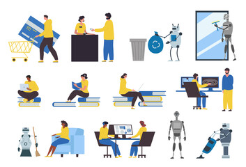 Set of male and female characters in modern technology scenes with robots and cyborgs. People use gadgets and do shopping, students study with books and computers. Flat cartoon vector illustration