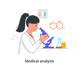 Female scientist is working on medical analysis in laboratory on white background. Concept of scientists working on scientific medicine research in modern lab. Flat cartoon vector illustration