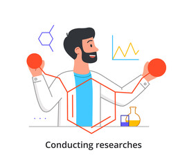Smiling male scientist is working on medical research in laboratory on white background. Concept of scientists conducting scientific medicine research in modern lab. Flat cartoon vector illustration