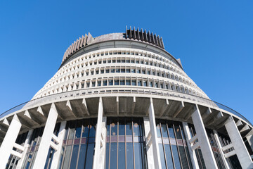 New Zealand government buildings including circular landmark known as Beehive.
