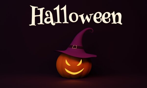 3d rendering. Halloween pumpkin with sinister grin glowing from within and whitch hat on it.
