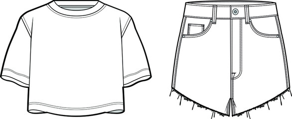 short sleeve crop top t shirt and casual denim shorts frayed raw hem ripped jeans shorts flat sketch vector illustration