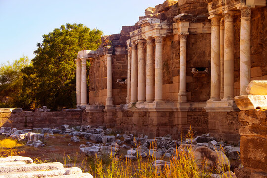 Antique architecture with the ruins of the amphitheater of the ancient city of Side
