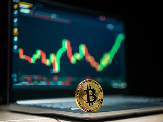 Bitcoin moneta kryptowaluta leży na laptopie w tle wykres wyceny z rynku wzrosty - obrazy, fototapety, plakaty