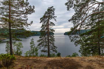 View from the steep rocky coast of Valaam Island.