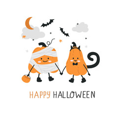 Two cute cartoon pumpkins in halloween character costumes:cat and mummy.