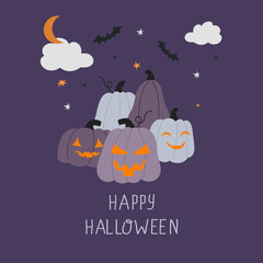 Happy Halloween greeting card with horror pumpkin-heads Jack o laterns on dark background.