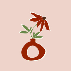 Modern beige abstract art print. Hand drawn illustration. Warm earthly palette. Brown, beige, cream, green. One modern interior vase with flower on beige background. Perfect for greeting card, poster.