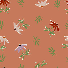 Modern floral abstract pattern in brown, green, cream, beige colours. Soft background. Hand drawn flowers and leaves. Perfect for greeting card, social media post, banner, wrapping paper.