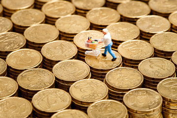 Miniature shopper on stacks of coins