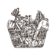 Metal basket from the supermarket filled with food. Sketch. Engraving style. Vector illustration.