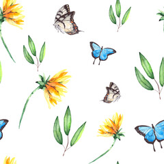Seamless pattern with eucalyptus, dandelion and colorful butterflies. Watercolor bright background for textiles, wallpaper, packaging and bed linen.