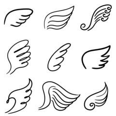 Set of Abstract Wings in line art doodle style  isolated on white background. vector illustration.
