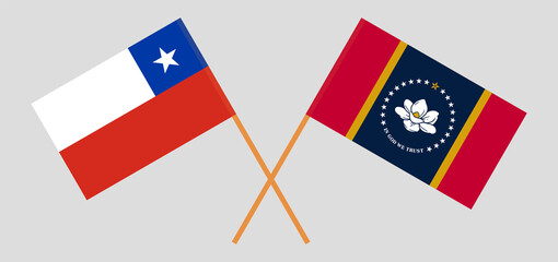 Crossed flags of Chile and the State of Mississippi. Official colors. Correct proportion