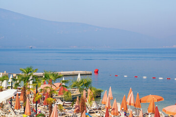 Beautiful Mediterranean landscape. Beach vacation concept.  View of Bay of Kotor near Tivat city....