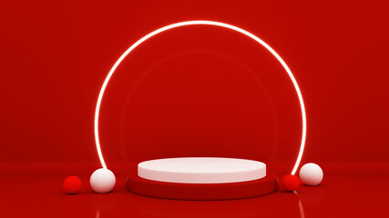 Red Product Stand, Light White Color, Square Frame. 3D Rendering
