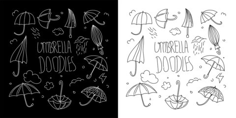 Set of Umbrella Doodles isolated on white and black background