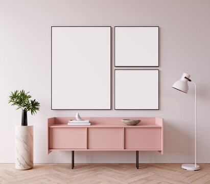 Modern mock up interior with pink commode and empty white picture frames 3D Rendering, 3D Illustration