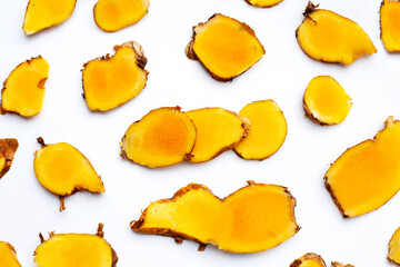 Phlai slices, Cassumumr ginger or zingiber montanum on white background.