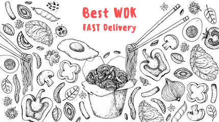 Wok box sketch, ingredients for wok. Hand drawn vector illustration. Noodles in a carton box. Asian food.