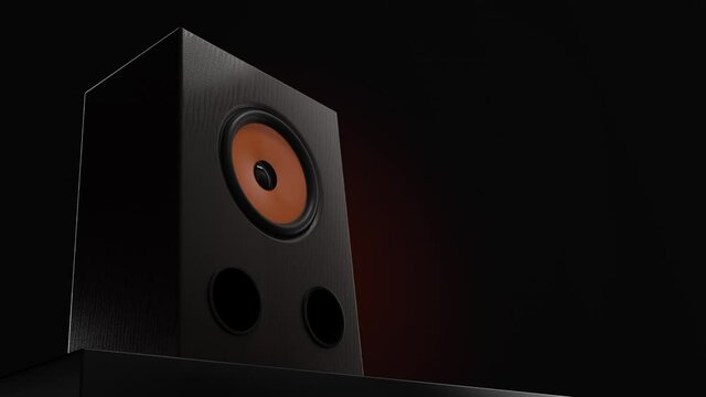 Large wooden textured speaker showing up and bumping. On the black table. 3d render. High quality 4k footage