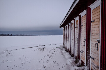 Wooden houses, next to the sea in Finland