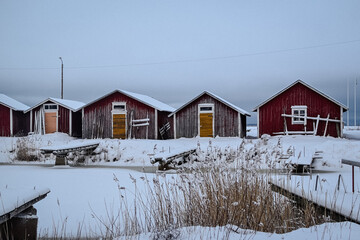 Wooden houses, next to the sea in Finland