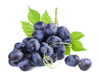 Bunch of ripe dark blue grapes in water drops with green leaf isolated on white background.