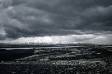 Cold Icelandic landscape and Eyjafjallajökull storm
