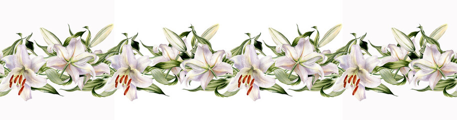Watercolor lilly flower seamless pattern. Horizontal border. Floral banner