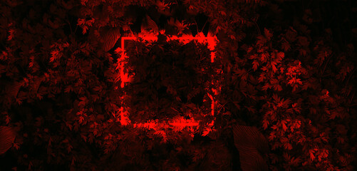 Plant wall and neon light template. 3d rendering of white circle neon light with tropical leaves. Nature concept. Decoration, forest neon. Party, christmas, shopping, event, tropical background.	