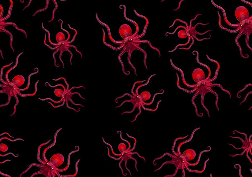 red octopuses on a black background.monster.halloween .seamless pattern