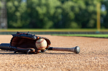 Baseball in a mitt with a black bat low angle selective focus view on a baseball field