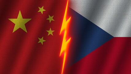 Czech Republic and China Flags Together, Wavy Fabric Texture Effect, Neon Glow Effect, Shining Thunder Icon, Crisis Concept, 3D Illustration